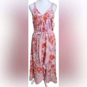 NAIF Lavender Pink Orange Floral Tropical Rayon Midi Dress Sun Dress Size Medium